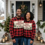 Merry Christmas Y’all Buffalo Plaid Family Sweater With Name worn at Christmas