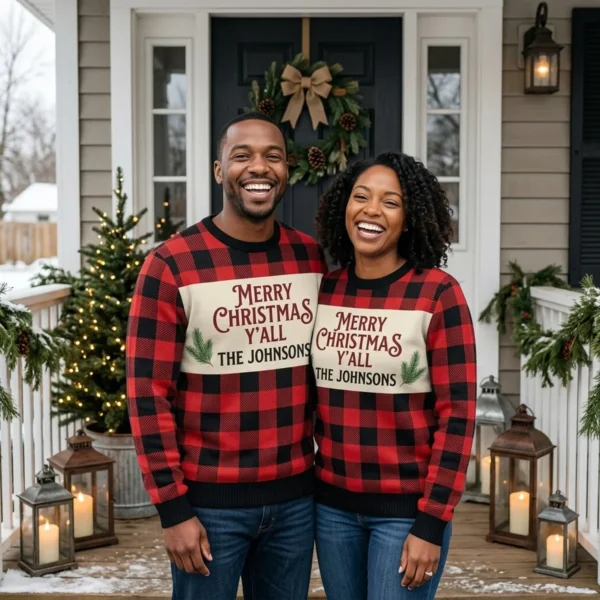 Merry Christmas Y’all Buffalo Plaid Family Sweater With Name worn at Christmas