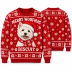 Merry Woofmas Custom Dog Ugly Christmas Sweater With Pet Name worn at Christmas