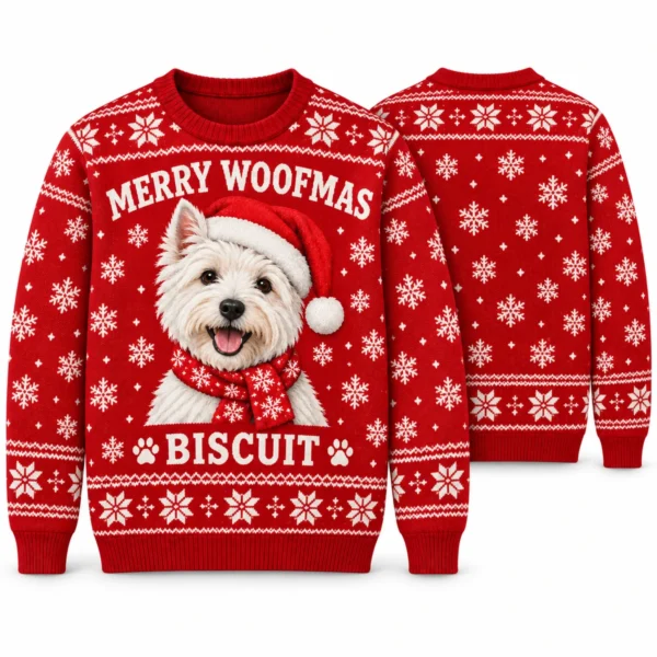 Merry Woofmas Custom Dog Ugly Christmas Sweater With Pet Name front and back