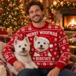 Merry Woofmas Custom Dog Ugly Christmas Sweater With Pet Name worn at Christmas
