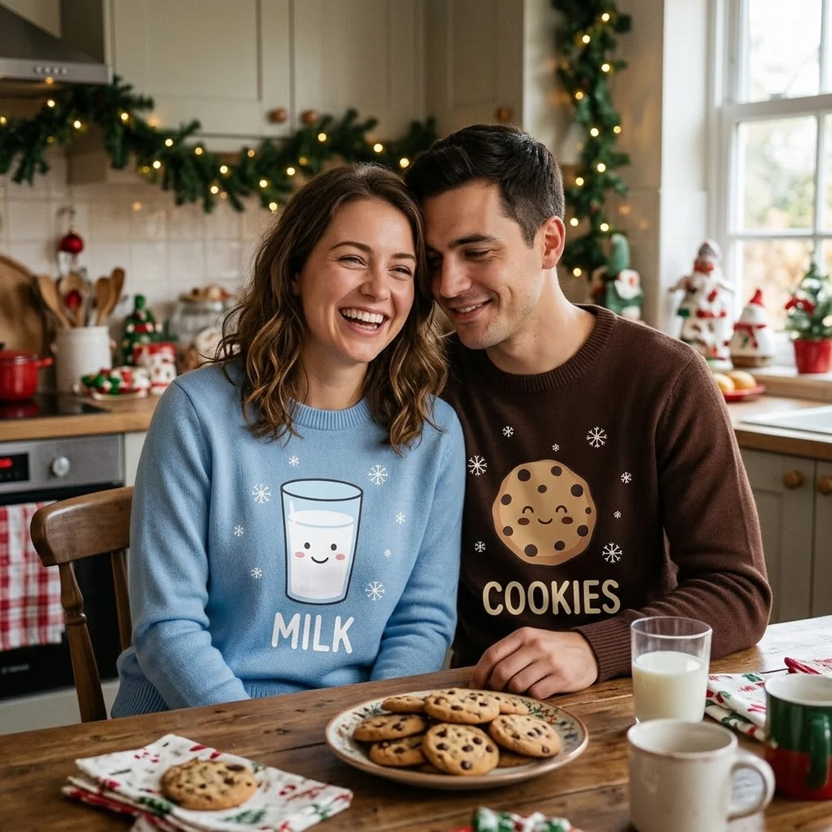 Milk & Cookies Matching Couple Christmas Sweaters worn at Christmas Milk & Cookies Matching Couple Christmas Sweaters worn at Christmas