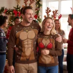 Muscle Reindeer & Busty Reindeer Couple Funny Christmas Sweaters worn at a Christmas party