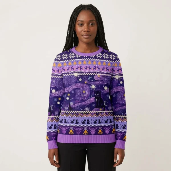 Mystic Cat Beneath The Cosmic Veil Ugly Christmas Sweatshirts Cute Xmas Outfit Cat Mom Gifts