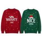 Naughty & Nice Matching Couple Christmas Sweaters With Names worn at Christmas
