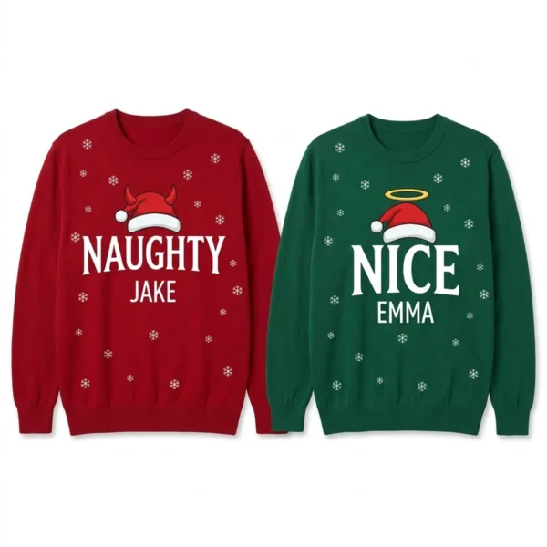 Naughty & Nice Matching Couple Christmas Sweaters With Names front and back