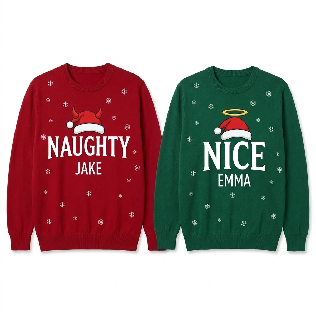 Naughty & Nice Matching Couple Christmas Sweaters With Names front and back Naughty & Nice Matching Couple Christmas Sweaters With Names front and back