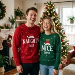 Naughty & Nice Matching Couple Christmas Sweaters With Names worn at Christmas