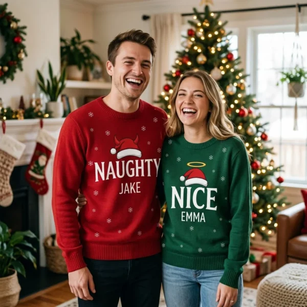 Naughty & Nice Matching Couple Christmas Sweaters With Names worn at Christmas