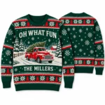 Oh What Fun Vintage Red Truck Ugly Christmas Sweater With Family Name worn at Christmas