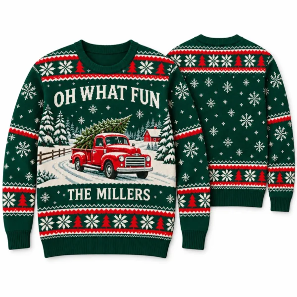 Oh What Fun Vintage Red Truck Ugly Christmas Sweater With Family Name front and back