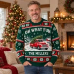 Oh What Fun Vintage Red Truck Ugly Christmas Sweater With Family Name worn at Christmas