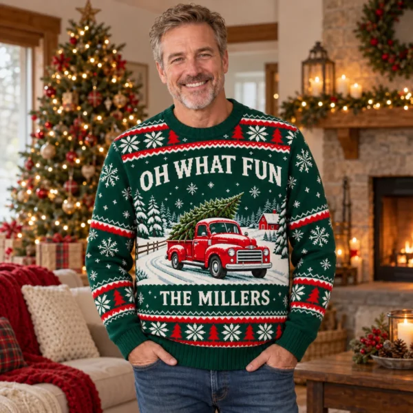 Oh What Fun Vintage Red Truck Ugly Christmas Sweater With Family Name worn at Christmas