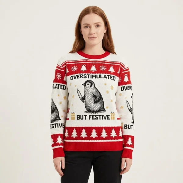 Overstimulated But Festive Christmas Ugly Sweater Winter Outfits Christmas Penguin Lover Gift AI Model Photo