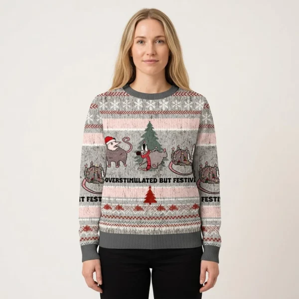 Overstimulated But Festive Possum Christmas Ugly Sweater Xmas Apparel Animal Lover Presents AI Model Photo