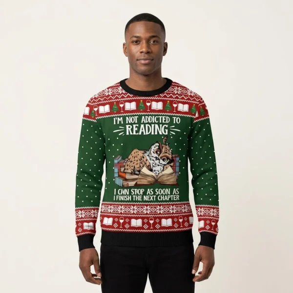 Owl Ugly Christmas Sweater I’m Not Addicted To Reading Holiday Wear Christmas Gift Ideas