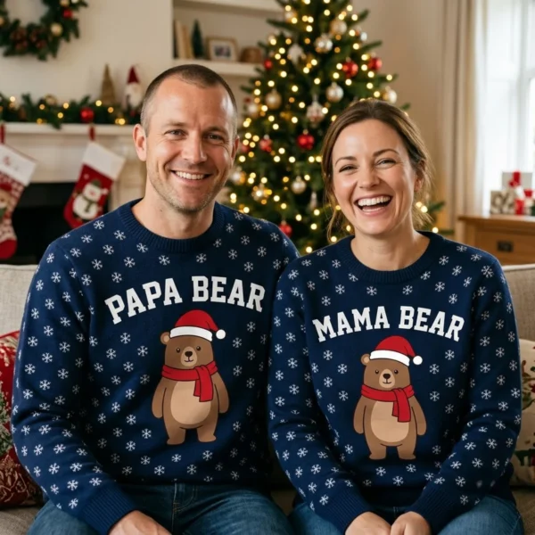 Papa Bear Christmas Sweater – Custom Name Matching Family Bear Sweaters worn at Christmas