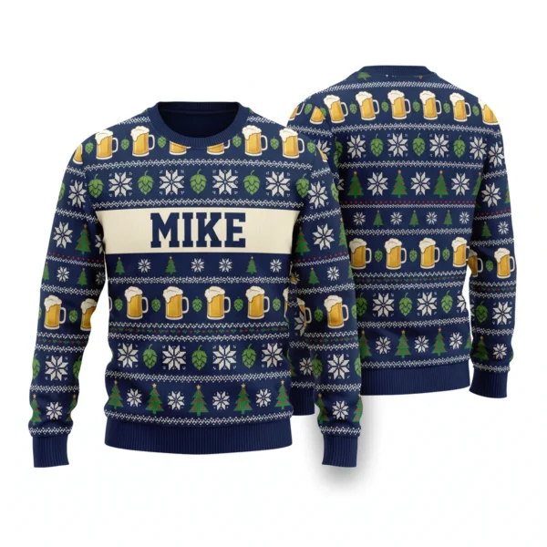 Personalized Beer Lover Ugly Christmas Sweater With Name front and back