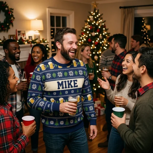 Personalized Beer Lover Ugly Christmas Sweater With Name worn at Christmas
