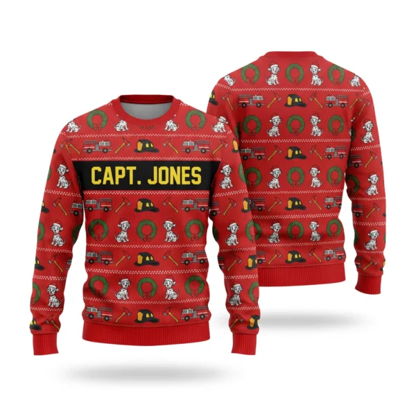 Personalized Firefighter Ugly Christmas Sweater With Name front and back