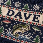 Personalized Fisherman Ugly Christmas Sweater With Name – Navy Fair Isle worn at Christmas
