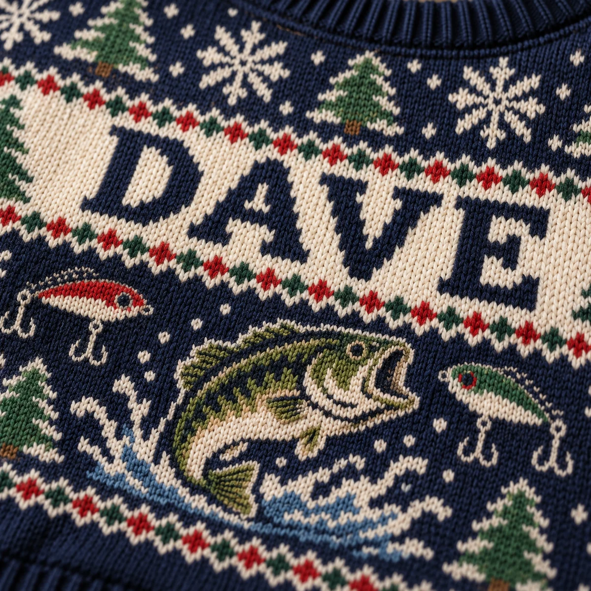Personalized Fisherman Ugly Christmas Sweater With Name – Navy Fair Isle knit detail Personalized Fisherman Ugly Christmas Sweater With Name – Navy Fair Isle knit detail