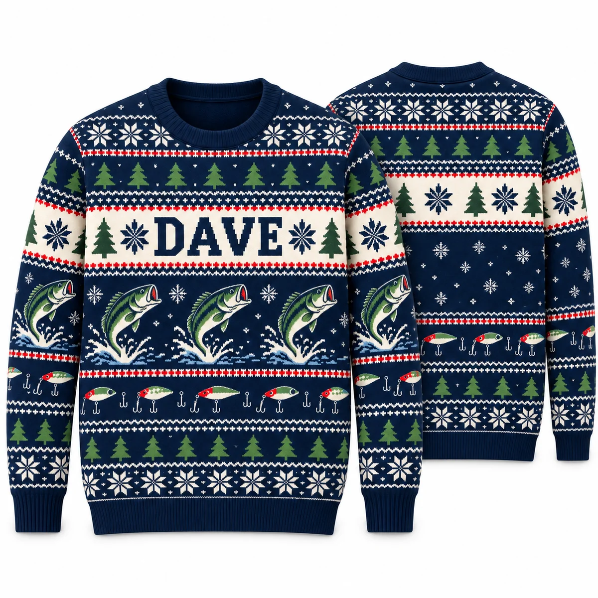 Personalized Fisherman Ugly Christmas Sweater With Name – Navy Fair Isle front and back Personalized Fisherman Ugly Christmas Sweater With Name – Navy Fair Isle front and back