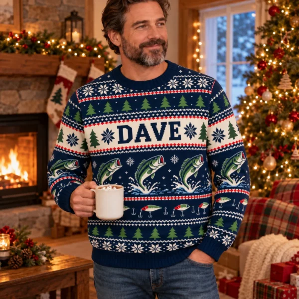 Personalized Fisherman Ugly Christmas Sweater With Name – Navy Fair Isle worn at Christmas