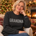 Personalized Grandma Sweater With Grandkids Names – Embossed Knit Look worn at Christmas