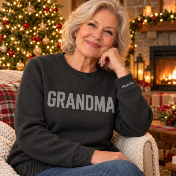 Personalized Grandma Sweater With Grandkids Names – Embossed Knit Look worn at Christmas