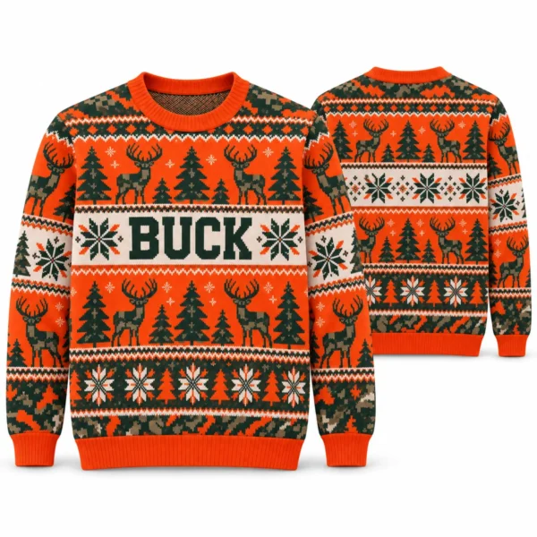 Personalized Hunting Camo Ugly Christmas Sweater With Name front and back