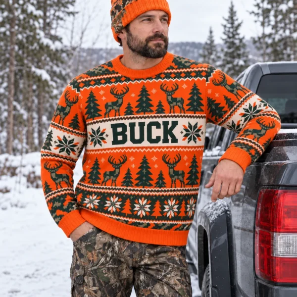 Personalized Hunting Camo Ugly Christmas Sweater With Name worn at Christmas
