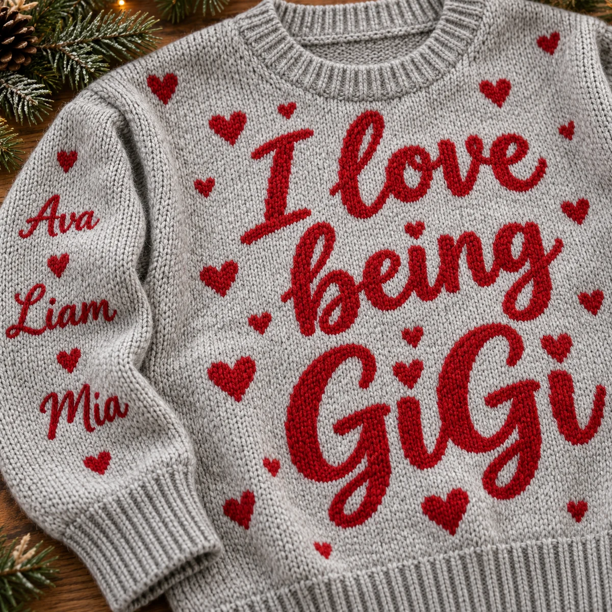 Personalized I Love Being GiGi Christmas Sweater With Grandkids Names knit detail Personalized I Love Being GiGi Christmas Sweater With Grandkids Names knit detail