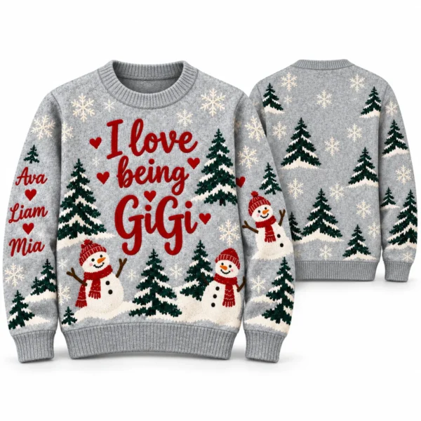 Personalized I Love Being GiGi Christmas Sweater With Grandkids Names front and back