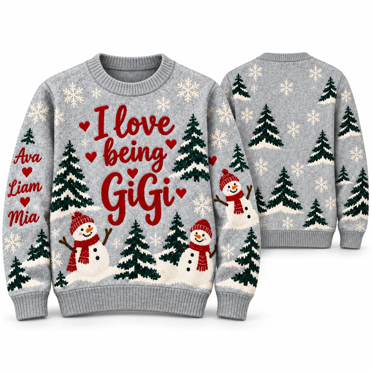 Personalized I Love Being GiGi Christmas Sweater With Grandkids Names front and back Personalized I Love Being GiGi Christmas Sweater With Grandkids Names front and back