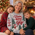 Personalized I Love Being GiGi Christmas Sweater With Grandkids Names worn at Christmas