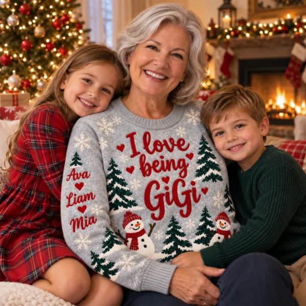 Personalized I Love Being GiGi Christmas Sweater With Grandkids Names worn at Christmas