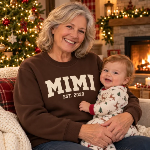 Personalized Mimi Est. Year Christmas Sweater – Grandma Gift worn at Christmas