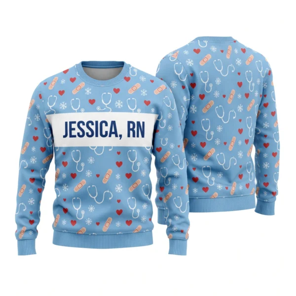 Personalized Nurse Ugly Christmas Sweater With Name front and back