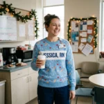 Personalized Nurse Ugly Christmas Sweater With Name worn at Christmas