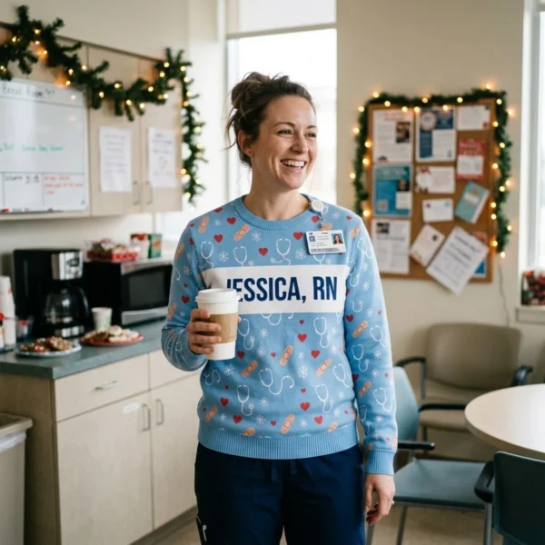 Personalized Nurse Ugly Christmas Sweater With Name worn at Christmas