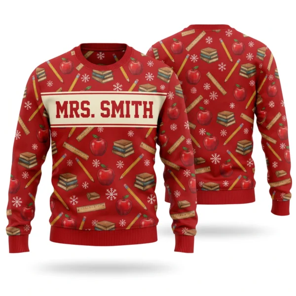 Personalized Teacher Ugly Christmas Sweater With Name front and back