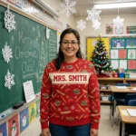 Personalized Teacher Ugly Christmas Sweater With Name worn at Christmas