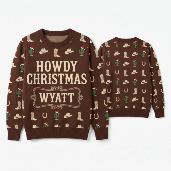 Personalized Western Cowboy Ugly Christmas Sweater With Name front and back