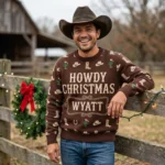 Personalized Western Cowboy Ugly Christmas Sweater With Name worn at Christmas