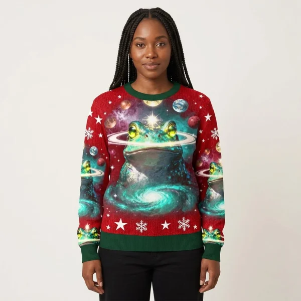 Psychedelic Cosmic Frog Christmas Ugly Sweater Xmas Clothing Frog Lover Christmas Gifts AI Model Photo