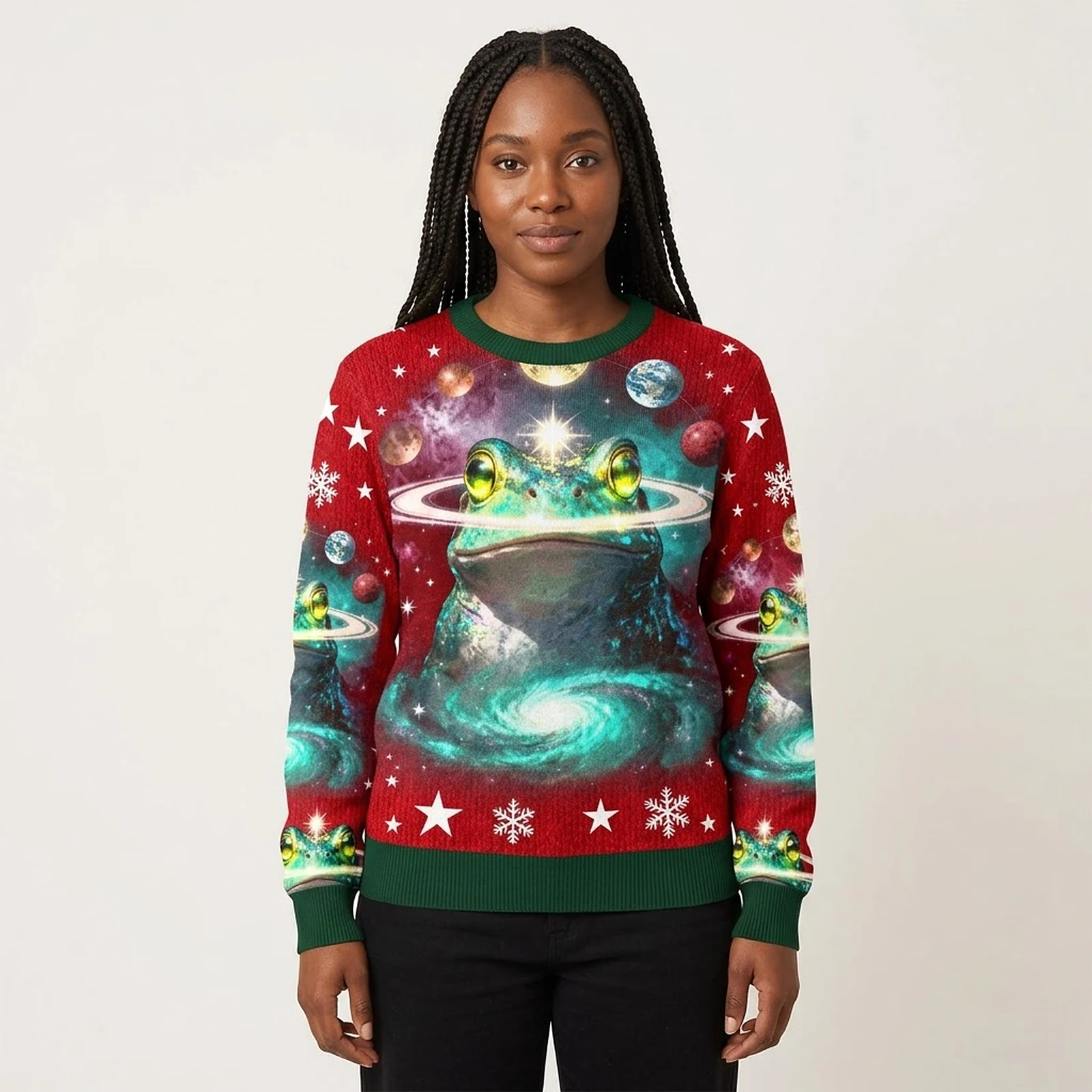 Psychedelic Cosmic Frog Christmas Ugly Sweater Xmas Clothing Frog Lover Christmas Gifts AI Model Photo Psychedelic Cosmic Frog Christmas Ugly Sweater Xmas Clothing Frog Lover Christmas Gifts AI Model Photo