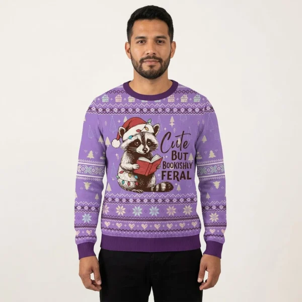 Raccoon Cute But Bookishly Feral Ugly Christmas Sweater Xmas Gift ForBookish