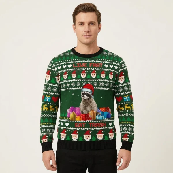 Raccoon Eat Live Fast Trash Christmas Ugly Sweater Christmas Clothing Gift ForRaccoon Lovers