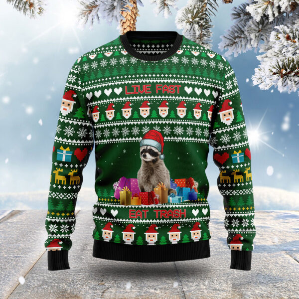 Raccoon Eat Live Fast Trash Christmas Ugly Sweater Christmas Clothing Gift ForRaccoon Lovers